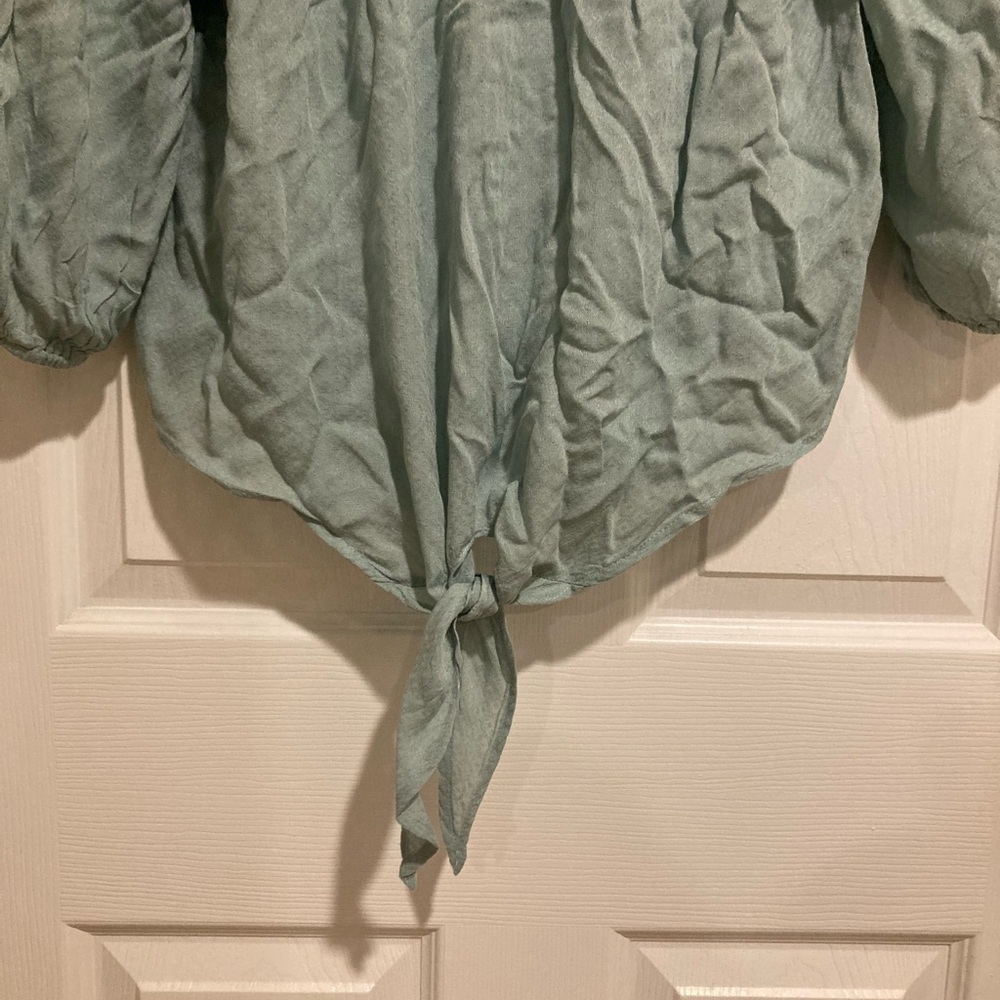 Eyeshadow Green Ruffled Tie Front Blouse with Bib Collar - Picture 9 of 11